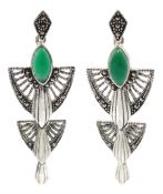 Pair of silver marquise shaped green agate and marcasite openwork pendant earrings