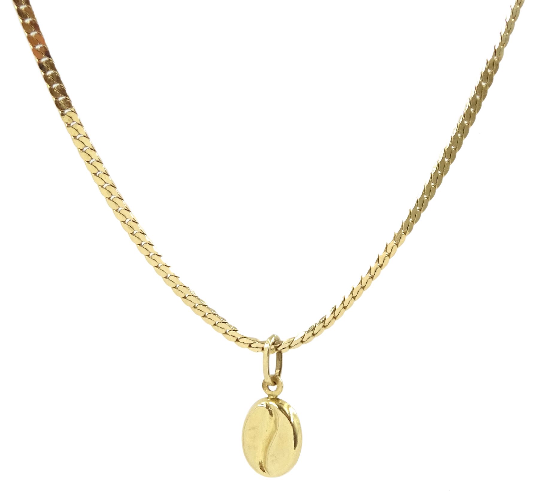 9ct gold coffee bean pendant necklace on a 14ct gold flattened link necklace chain