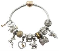 Silver Pandora bracelet with 14ct gold plated heart clasp