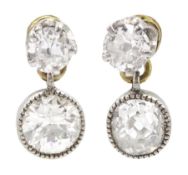 Pair of platinum and gold old cut diamond pendant stud earrings