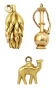 Two 18ct gold banana and camel pendant/charms and a 14ct gold shisha pipe pendant/charm