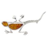 Silver Baltic amber and cubic zirconia lizard brooch