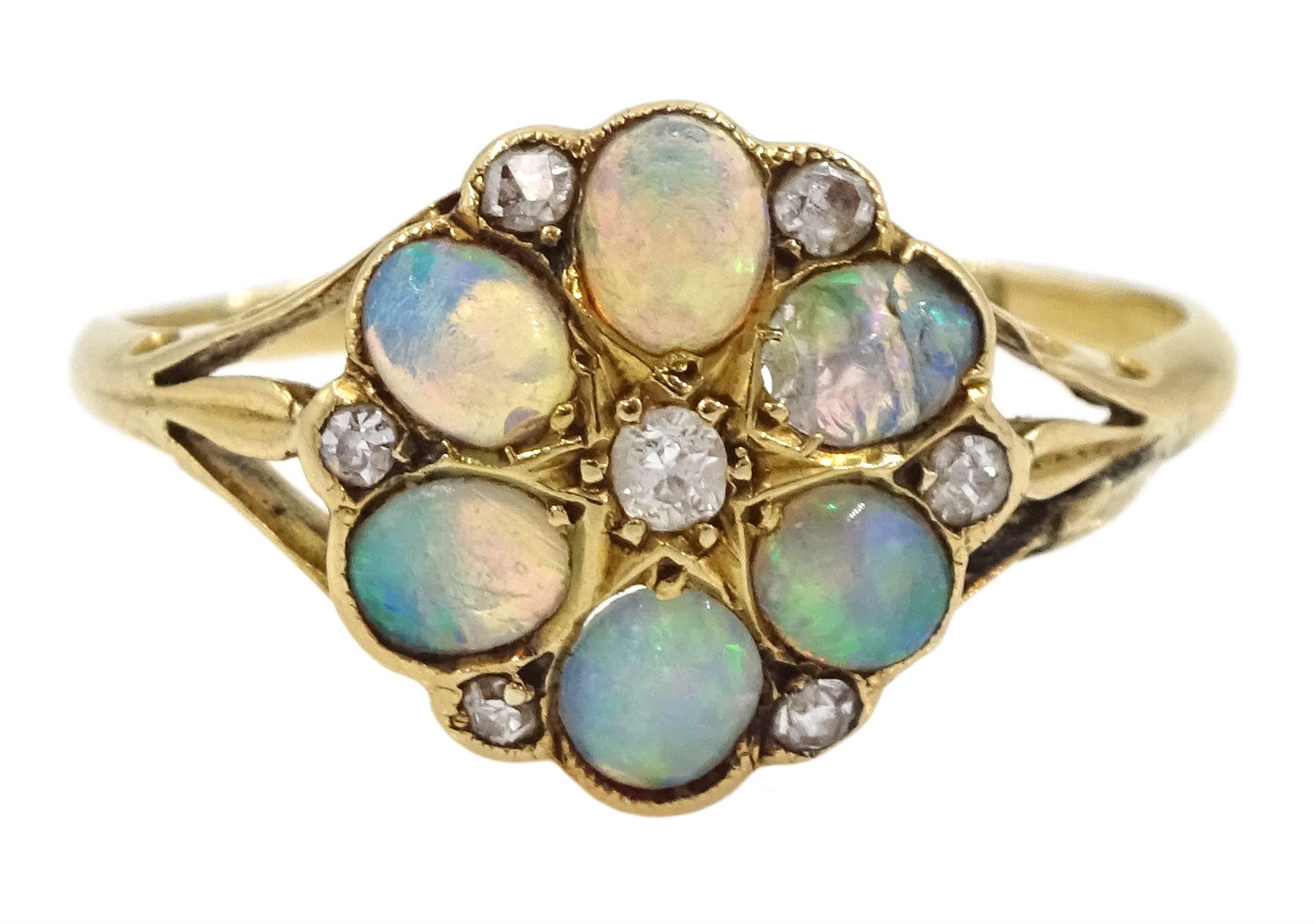 Early 20th century oval opal and diamond flower head cluster ring - Image 2 of 6