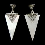 Pair of silver mother of pearl and marcasite triangle pendant earrings