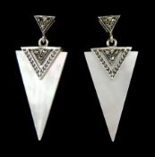 Pair of silver mother of pearl and marcasite triangle pendant earrings