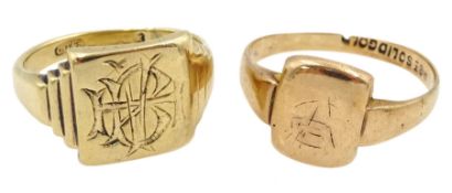 Yellow gold monogrammed signet ring and one other rose gold signet ring