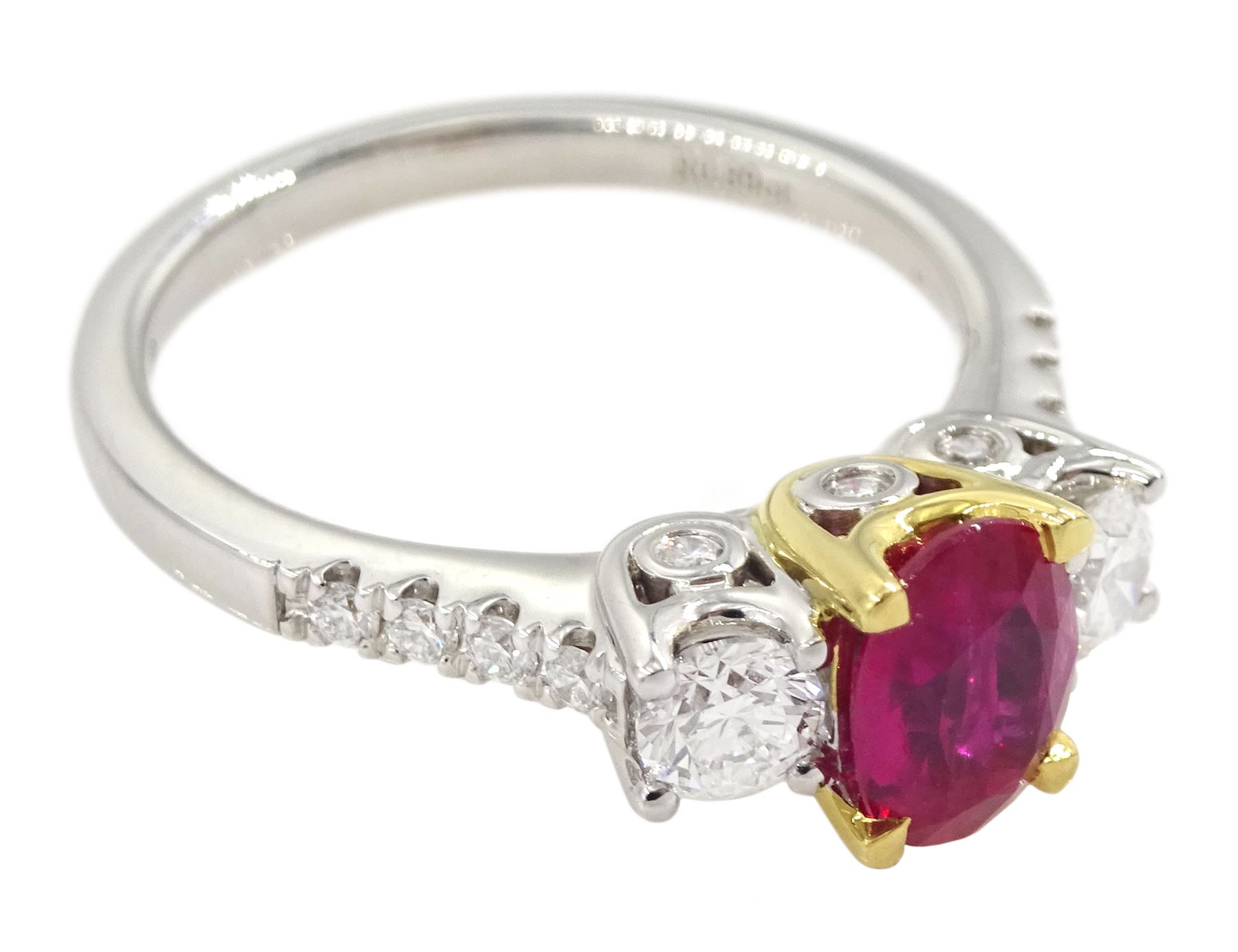 18ct white gold three stone oval ruby and round brilliant cut diamond ring - Image 3 of 4