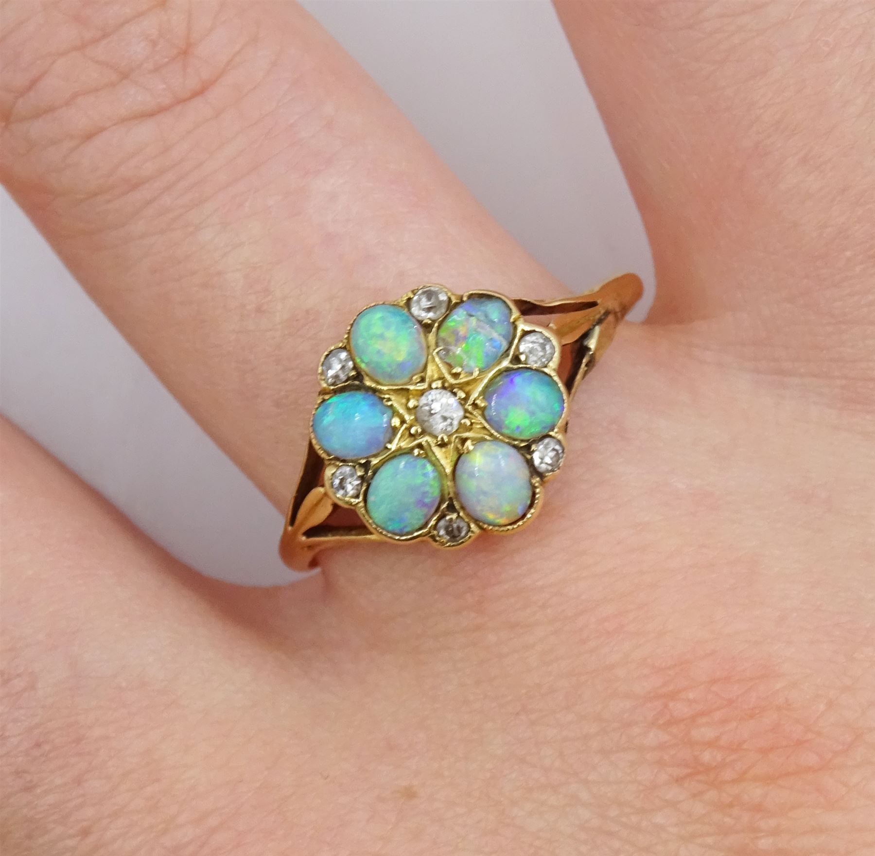 Early 20th century oval opal and diamond flower head cluster ring - Image 3 of 6