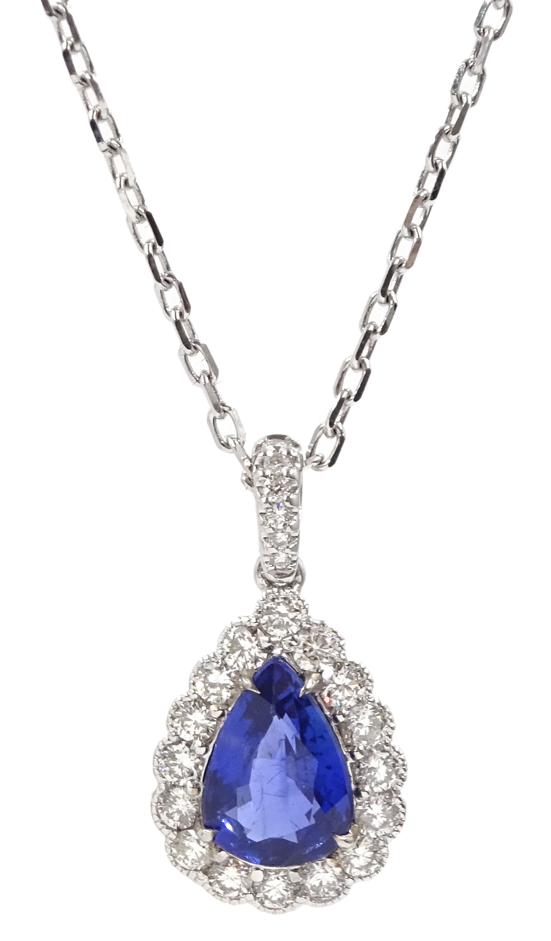 18ct white gold pear shaped sapphire and milgrain set round brilliant cut diamond pendant necklace