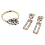 Pair of gold diamond chip pendant stud earrings and a gold three stone cubic zirconia ring