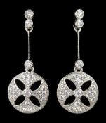 Pair of Art Deco style silver cubic zirconia circular openwork pendant earrings