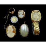 Two 9ct gold cameo brooches and a ring