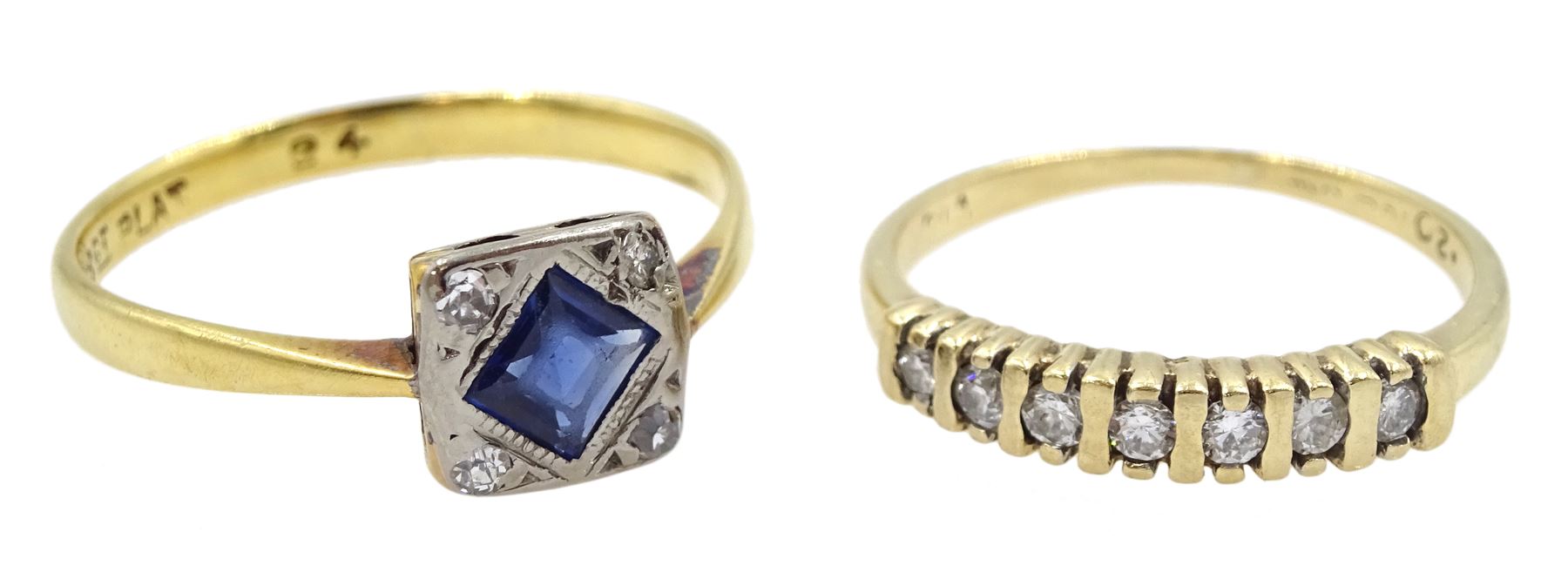 Art Deco gold and platinum diamond and synthetic sapphire ring stamped 18ct Plat and a 9ct gold seve