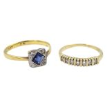 Art Deco gold and platinum diamond and synthetic sapphire ring stamped 18ct Plat and a 9ct gold seve