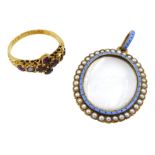 Early 20th century gold enamel and seed pearl glazed oval frame pendant and a Victorian 15ct gold am