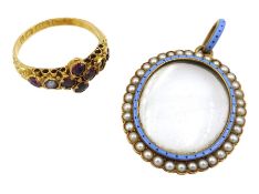 Early 20th century gold enamel and seed pearl glazed oval frame pendant and a Victorian 15ct gold am