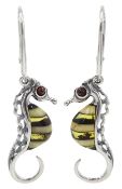 Pair of silver and Baltic amber seahorse pendant earrings