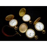 Four gold-plated full hunter lever pocket watches including American Watch Company Riverside and two