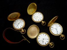 Four gold-plated full hunter lever pocket watches including American Watch Company Riverside and two