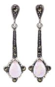 Pair of opal and marcasite pendant stud earrings