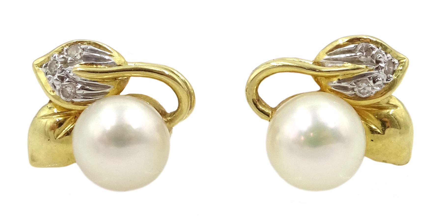 Pair of 18ct gold cultured pearl and diamond chip stud earrings