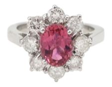 18ct white gold oval pink tourmaline and round brilliant cut diamond cluster ring