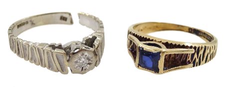 18ct white gold illusion set single stone diamond ring and a 9ct gold synthetic blue stone set ring