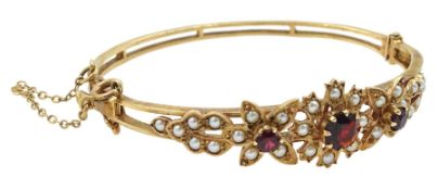 9ct gold garnet and split pearl flower design hinged bangle by Zeeta