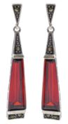 Pair of silver marcasite and red paste triangle pendant earrings