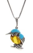 Silver Baltic amber and turquoise Kingfisher pendant necklace