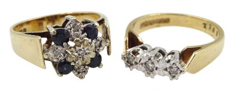 Gold sapphire and diamond cluster ring and a gold illusion set three stone diamond ring