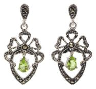 Pair of silver peridot and marcasite ribbon design openwork pendant earrings