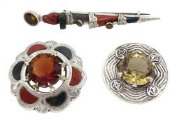 Victorian Scottish silver agate and paste stone set dirk brooch and two other Scottish silver stone