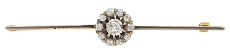 Early 20th century 15ct gold old cut diamond cluster bar brooch