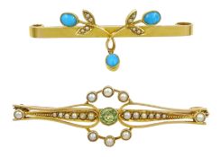 Edwardian gold peridot and split pearl brooch and a gold turquoise and seed pearl brooch