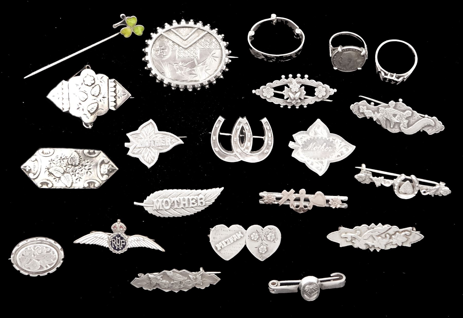 Collection of Victorian and later silver jewellery including bright cut and engraved brooches