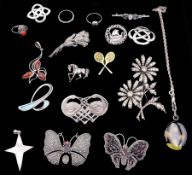 Collection of silver and stone set silver jewellery including two marcasite and paste butterfly broo