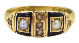 Victorian gold enamel and split pearl mourning ring