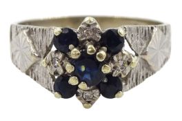 9ct white gold sapphire and diamond chip flower head cluster ring