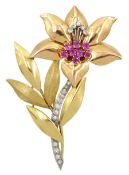 18ct gold diamond and ruby lily brooch