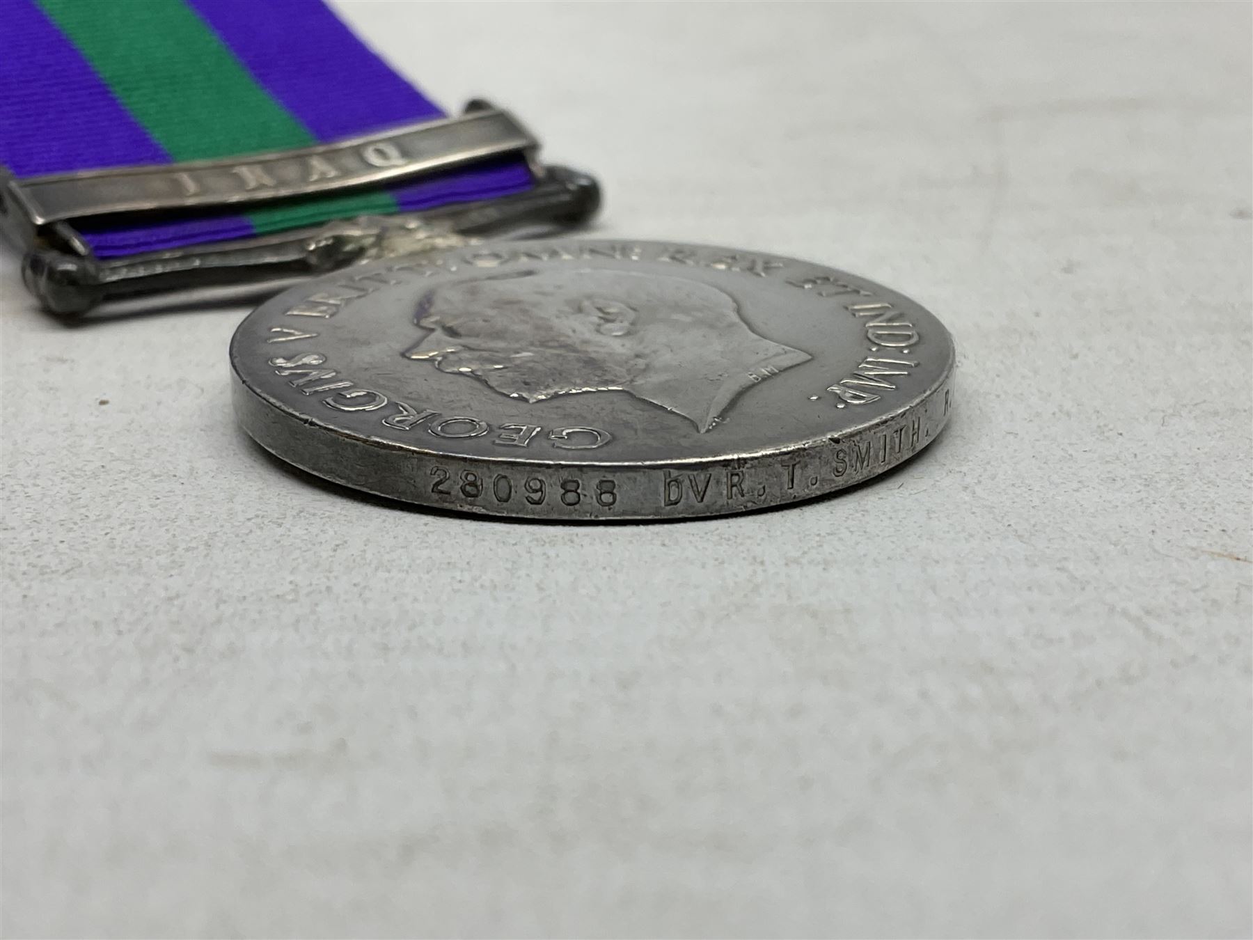 George V General Service Medal with Iraq clasp awarded to 280988 Dvr. T. Smith R.A.; with ribbon - Image 6 of 8