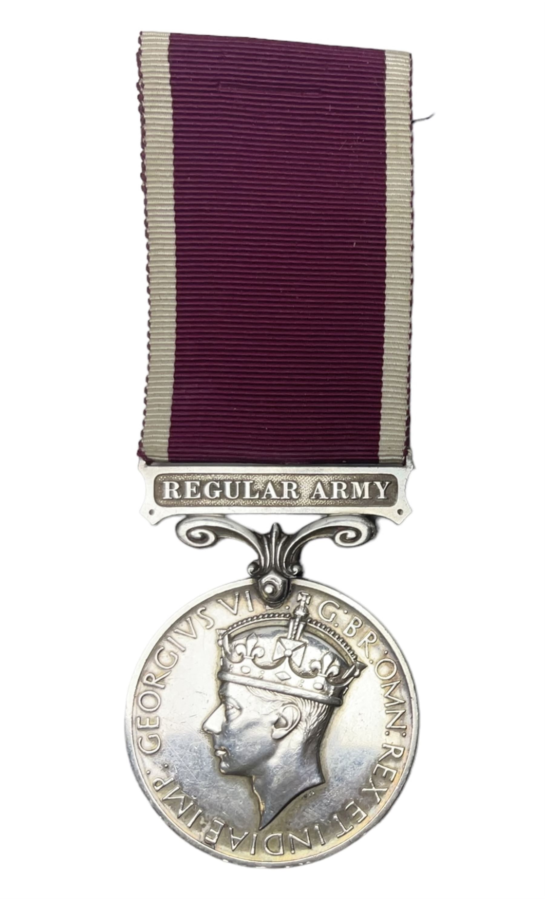 George VI Long Service and Good Conduct Medal with 'Regular Army' suspender awarded to Lieut. J. Rei