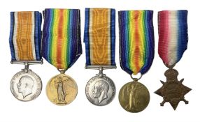Family group of five WW1 medals for the East Yorkshire regiment comprising trio of 1914-15 Star