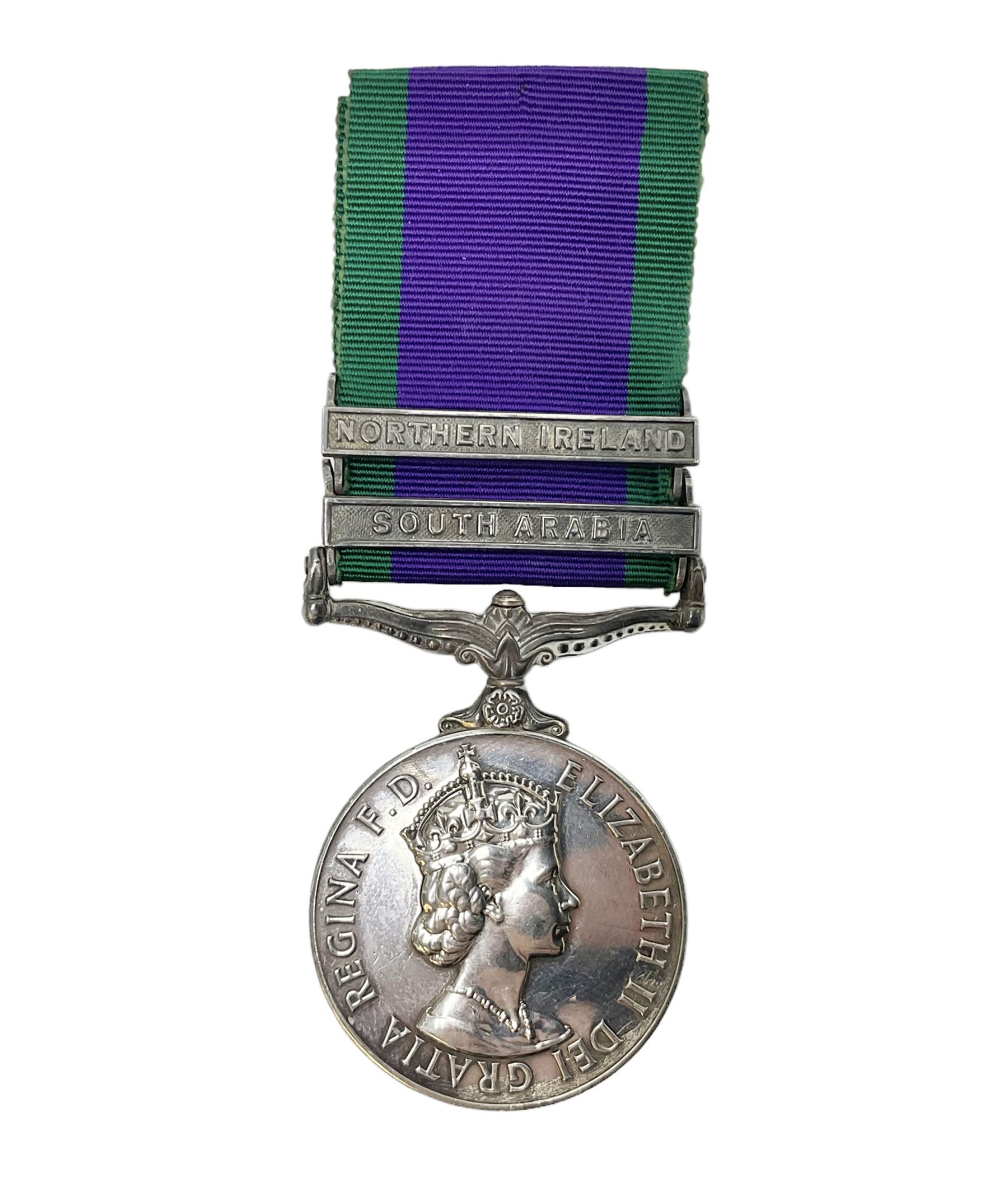 Elizabeth II General Service Medal with two clasps for Northern Ireland and South Arabia awarded to