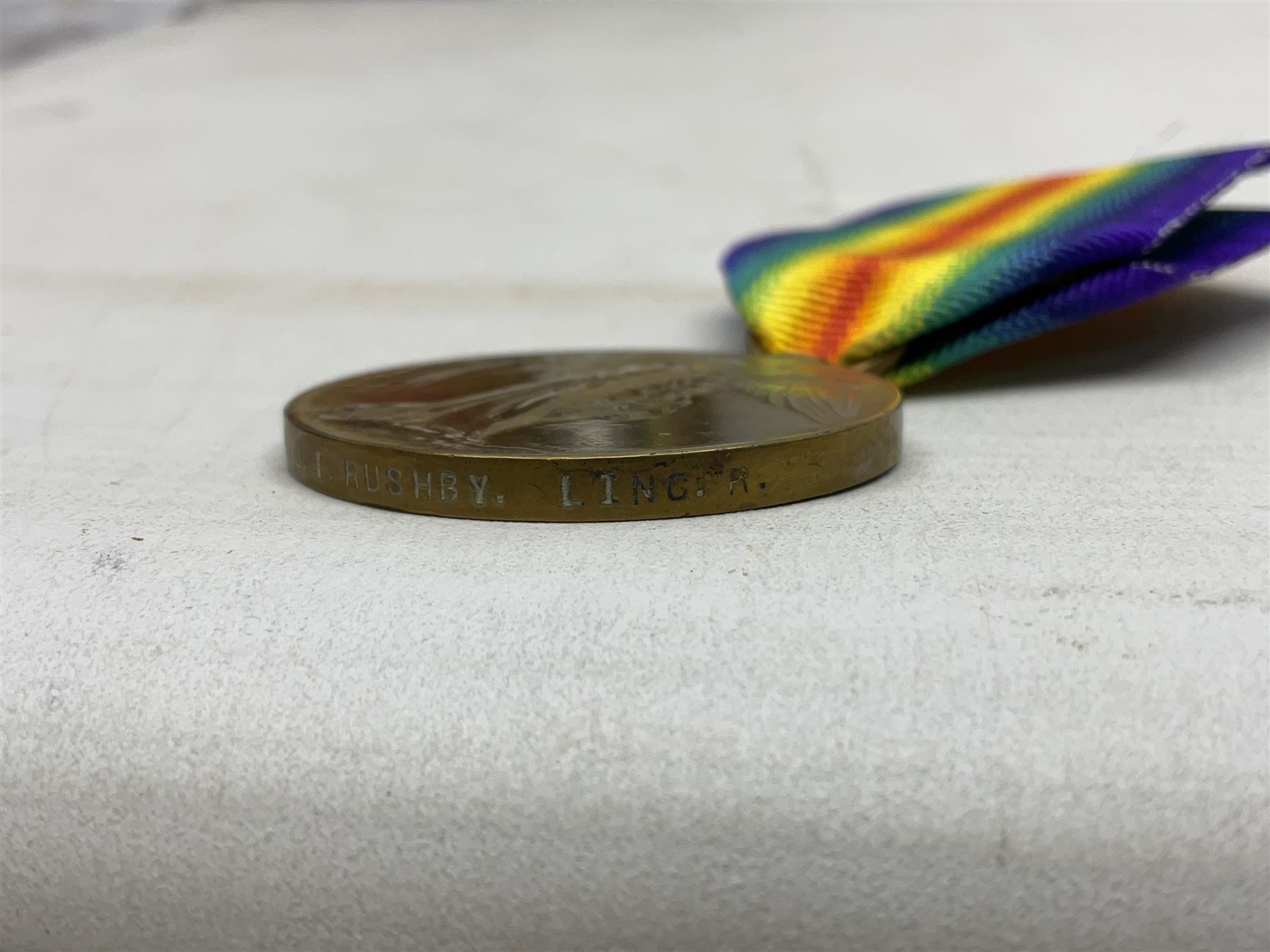 Two pairs of WW1 medals comprising British War Medal and Victory Medal awarded to 2076 Pte. J.T. Rus - Image 7 of 10