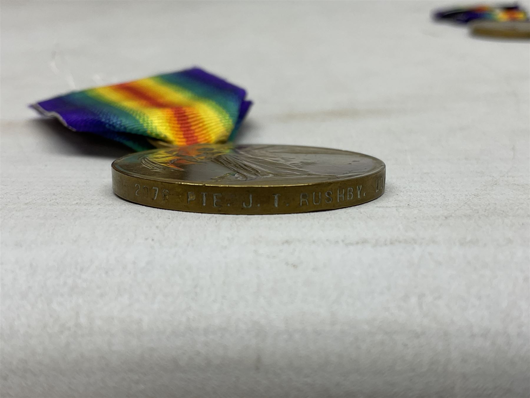 Two pairs of WW1 medals comprising British War Medal and Victory Medal awarded to 2076 Pte. J.T. Rus - Image 6 of 10