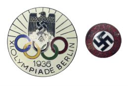 WW2 German NSDAP Party members enamel pin badge by RZM numbered M1/90; and 1936 XI Olympiade Berlin