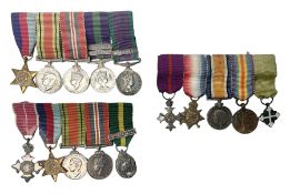 Three miniature groups of five medals - OBE Military group with WW1 trio and Italy Order of Saints M