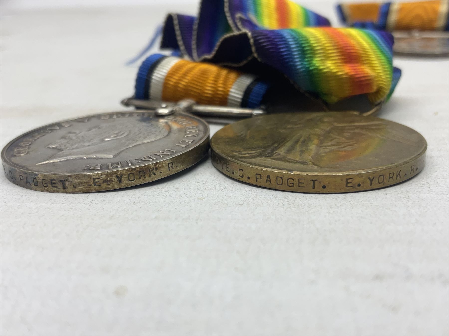 Family group of five WW1 medals for the East Yorkshire regiment comprising trio of 1914-15 Star - Image 11 of 13