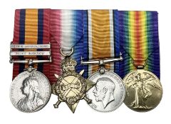 Boer War/WW1 group of four medals comprising Queens South Africa Medal with two clasps for South Afr